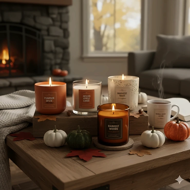 A cozy, styled arrangement of several lit fall candle scents in various autumnal colors and jars, surrounded by small pumpkins and fall leaves.