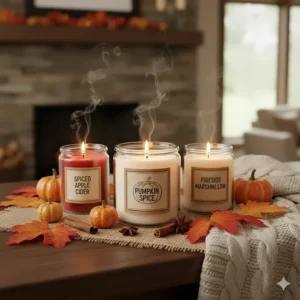 Decorative setup on a mantlepiece showcasing three autumn scented candles as part of the fall seasonal decor.