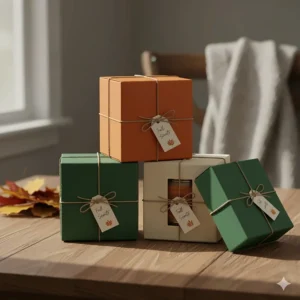 A small stack of three beautifully packaged fall candle scents ready for gifting during the autumn season.