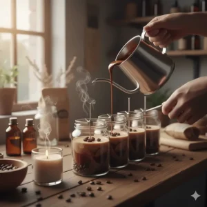 Photo capturing a moment of the artisanal process of pouring wax to create a handmade coffee scented candle.