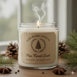 A detailed shot of the hand-poured label on the pine scented candle jar, emphasizing its artisanal nature.