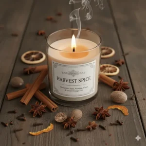 Overhead view showing a candle and surrounding elements like cloves, nutmeg, and star anise, illustrating the harvest spice fall candle scents.