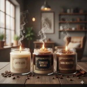 A grouping of three coffee scented candles, each with a different aroma profile like "latte," "espresso," and "dark roast," highlighting variety.