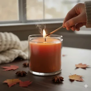 A hand carefully lighting the wick of an autumn scented candle to release its comforting fragrance.