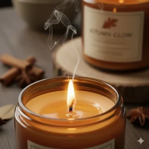 Macro shot of the flame and wax pool of a luxury candle, highlighting the experience of enjoying lit fall candle scents.