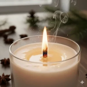 Focus on the crackling wooden wick of a long-lasting pine scented candle, emphasizing burn time and quality.