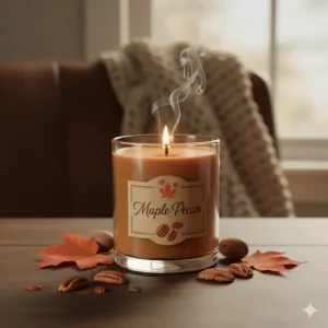 A unique wood-wick candle with a rich maple pecan fragrance, one of the delightful autumn scented candles available.