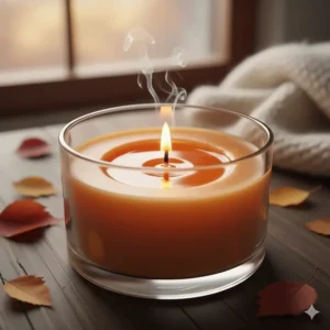 Detail shot of the melting wax pool on a soy-based autumn scented candle, demonstrating maximum fragrance throw.