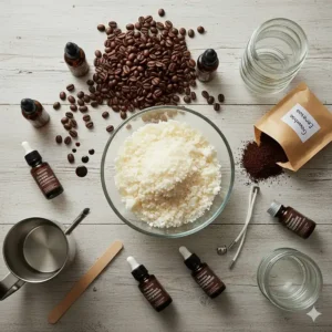 Flat lay showing the natural ingredients used in making coffee scented candles, such as soy wax, essential oils, and whole coffee beans.