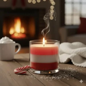 A white and red peppermint scented candle next to a classic candy cane, representing a cool, crisp holiday scent.