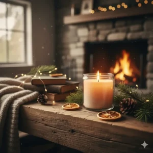 A pine scented candle safely burning on a rustic wood mantlepiece, creating a cozy winter ambiance.