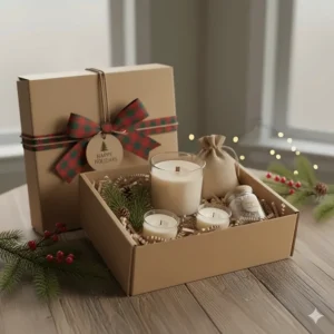 A curated pine scented candle gift set with a bow, perfect for a holiday or seasonal present.