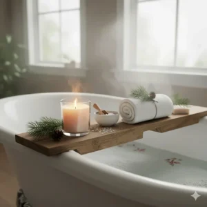 A pine scented candle placed next to a bathtub for a relaxing home spa experience, promoting relaxation.