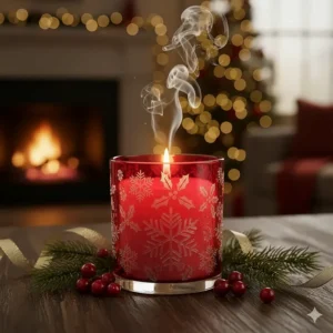 An elegant Christmas scented candle in a festive red glass holder with a flickering flame.