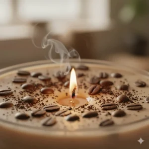 Extreme close-up of the wick and the wax surface of a coffee scented candle, potentially showing embedded roasted coffee grounds for decoration.