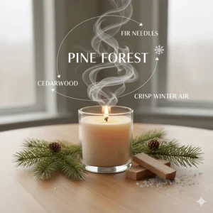 Graphic illustration detailing the scent notes of the pine scented candle, including fir, cedarwood, and crisp winter air.