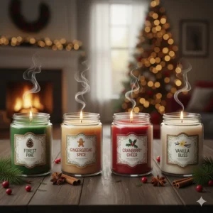 Illustration of four jars labeled with the best scented candles for Christmas aromas: pine, cranberry, vanilla, and gingerbread.