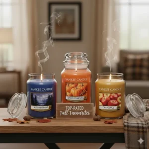 A graphic or photo showcasing the top-rated and most popular Yankee Candle autumn scents for the current season, a great gift idea.