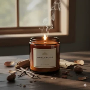 An image of a subtle, wood-wick candle representing the deep, warm vanilla woods fall candle scents fragrance profile.