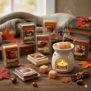 A photograph of various Yankee Candle wax melts in autumn scents, offering a flame-free way to enjoy fall fragrances.