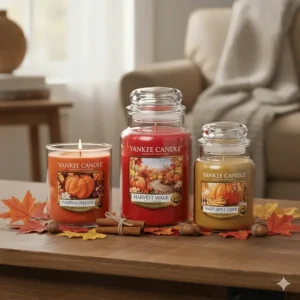 A photo displaying a small collection of three different Yankee Candle autumn scents from their annual Harvest line, ideal for seasonal layering.