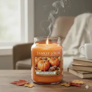 An image of the classic large jar Yankee Candle in "Spiced Pumpkin", highlighting its festive orange color, perfect for fall decorating.