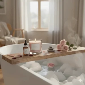 Relaxing scene with a lit rose scented candle next to a bathtub for a calming aromatherapy experience.