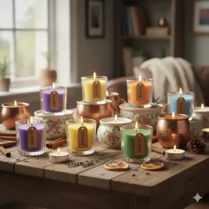 An assortment of colorful scented tea light candles, showcasing different fragrances and their wax colors in decorative holders.