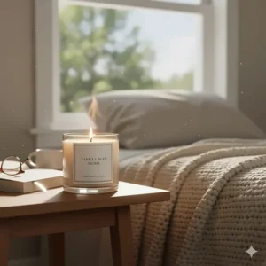 Enhancing bedroom ambiance with a small vanilla scented candle on a bedside table, creating a warm, inviting glow for unwinding.