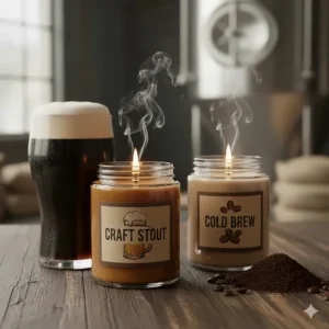 A candle jar next to a frothy glass of stout beer, representing the trend of craft brew and weird candle scents inspired by alcoholic beverages.