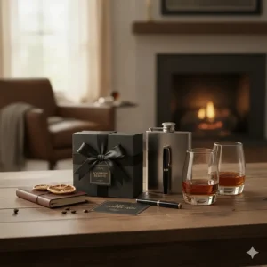 A thoughtful gift set featuring a bourbon scented candle, a perfect present for men or whiskey enthusiasts.