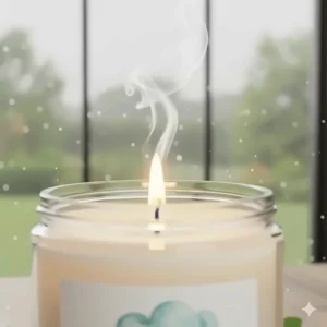 Detail of the steady, clean burn of the cotton wick on the rain scented candle, releasing its unique fragrance.