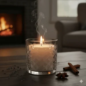 A single scented votive candle burning brightly in a decorative holder, casting a gentle, relaxing glow perfect for a tranquil evening.