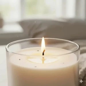 Detailed shot of the slow-burning wick and smooth wax pool of a vanilla scented candle, demonstrating a clean and long-lasting burn.