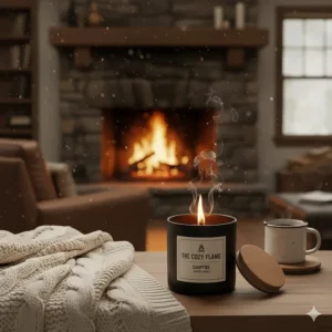 A warm campfire scented candle placed on a wooden mantelpiece next to a cozy, lit fireplace and knitted blanket.