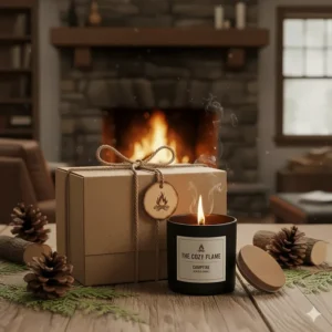 The retail packaging or gift box for the campfire scented candle, perfect for a cozy, rustic gift idea.