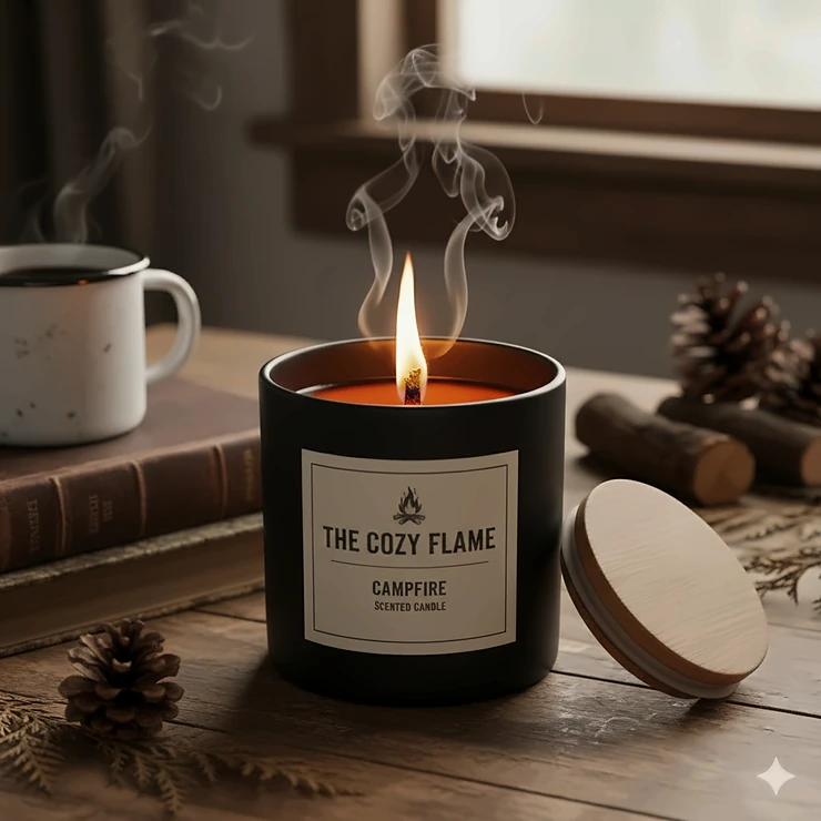 Campfire scented candle burning brightly, showing a natural wood wick in a matte black jar.