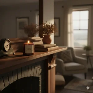 A small, decorative fireplace scented candle safely burning on a classic wooden mantelpiece above an unlit hearth.