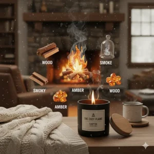 Graphic illustration representing the smoky, amber, and wood fragrance notes used in the campfire scented candle.