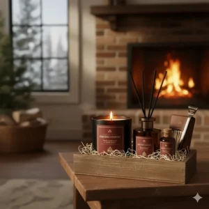 A gift set featuring the fireplace scented candle along with other complementary home fragrance products.