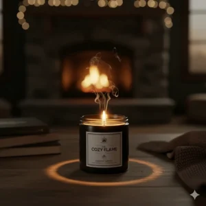 A single campfire scented candle glowing in a dark room, creating a warm and inviting evening atmosphere.