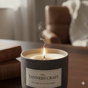 Detail shot of the full melt pool of the leather scented candle and the characteristic crackle of its wooden wick.