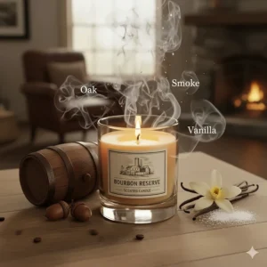 Visual graphic illustrating the deep, complex scent notes of oak, vanilla, and smoke that define the bourbon candle fragrance.