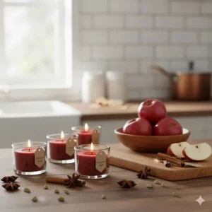 A group of cinnamon apple scented tea light candles on a kitchen countertop, near fresh apples and spices.