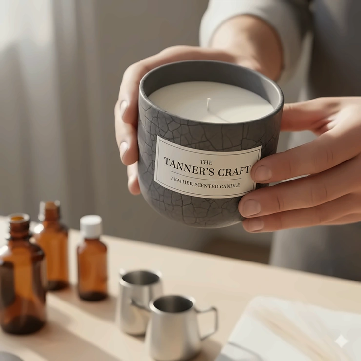 Close-up of a hand-poured soy wax leather scented candle showcasing the premium custom label design.