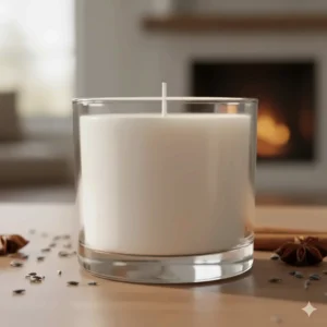 Detailed close-up showing the smooth texture of high-quality wax in a white scented votive candle before burning.