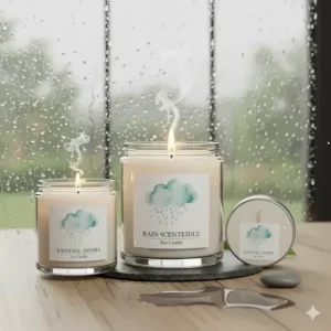 A photograph displaying a collection of different sizes or forms of the rain scented candle line.