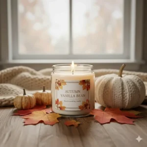Cozy autumn setting featuring a flickering vanilla scented candle surrounded by dried leaves and a warm knitted blanket.
