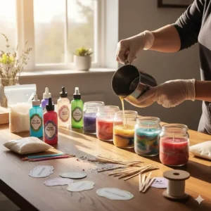 Supplies for a DIY project to make your own funny candle scents, showing essential oils and wax with unusual fragrance notes.