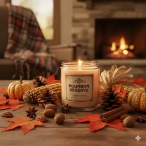 A bourbon scented candle displayed among autumn harvest decor, enhancing the warm and spicy fall atmosphere.